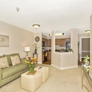 A cozy living room with a view into the kitchen, featuring modern furniture and elegant decor.