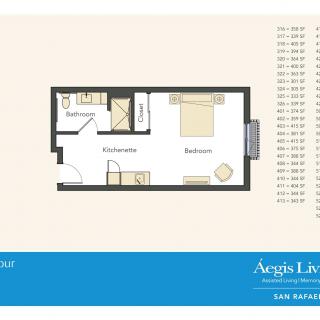 A floor plan of a one-bedroom apartment with designated areas for the bedroom, living room, kitchen, and bathroom.