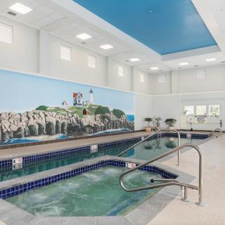 An indoor relaxation area featuring a pool and jacuzzi with a scenic mural on the wall.