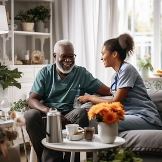 A nurse engages in a warm conversation with an elderly patient, fostering a caring and supportive environment.