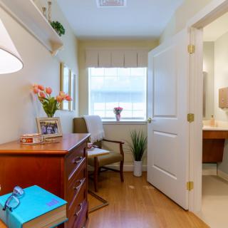 A cozy and bright bedroom with a desk and chair, featuring plants and decorative items.