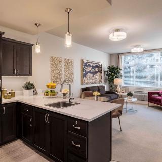 Modern open floor plan kitchen and living room with dark cabinets and stylish lighting.