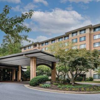 A welcoming view of a modern hotel entrance surrounded by lush landscaping.