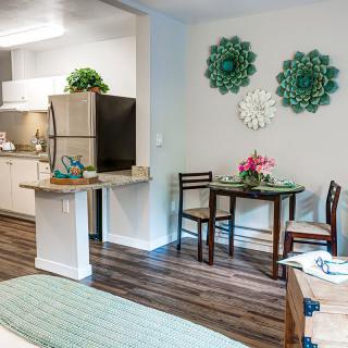 A cozy apartment kitchen and dining area with modern decor and wood flooring.