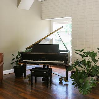 A grand piano elegantly placed in a bright, plant-adorned living room.