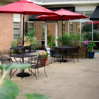 Charming outdoor patio area with red umbrellas and lush greenery.