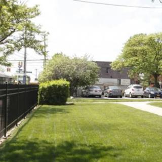 A grassy area with a black fence, trees, and several parked cars under a clear sky.