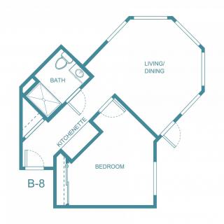 A floor plan of a one-bedroom apartment with an octagonal living/dining area and a bathroom.