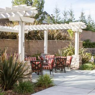 A cozy backyard patio with a pergola and outdoor seating area surrounded by plants.
