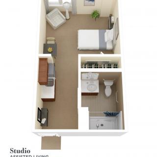 3D floor plan of a studio apartment with designated areas for living, sleeping, and cooking.