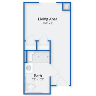 Floor plan of a studio apartment with living area and bathroom.