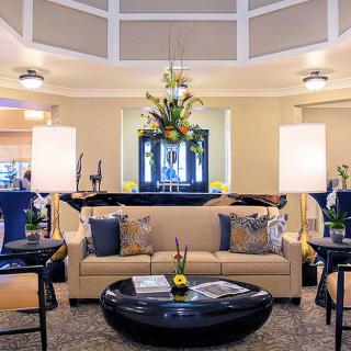 A stylish lobby with comfortable seating and elegant decor.