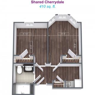 A shared Cherrydale apartment floor plan with 410 sq. ft., featuring two bedrooms and a bathroom.