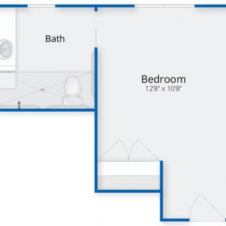 Floor plan layout featuring a bedroom and bathroom.