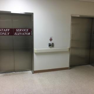Two elevators in a hallway, one designated for staff and the other as a service elevator.