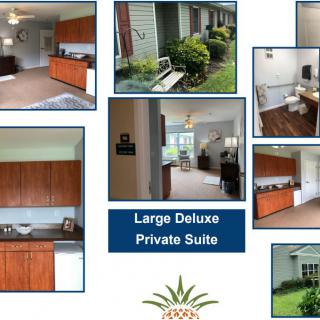 Collage of a large deluxe private suite featuring various interior rooms and the exterior view.