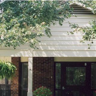 A house with a brick facade and surrounding trees.