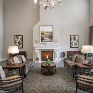 A stylish and cozy living room with a central fireplace, elegant furniture, and modern decor.