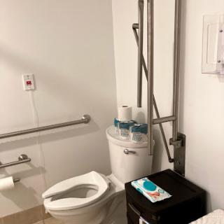 A modern accessible bathroom equipped with handrails and a toilet.