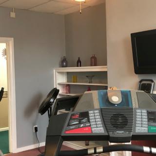 A small gym room with a treadmill, television, and shelves.