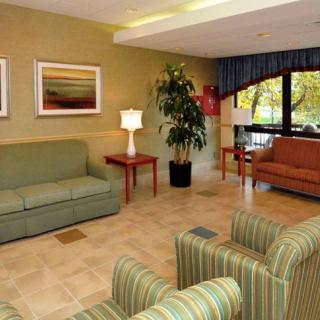 A cozy hotel lobby featuring comfortable seating and decorative elements.