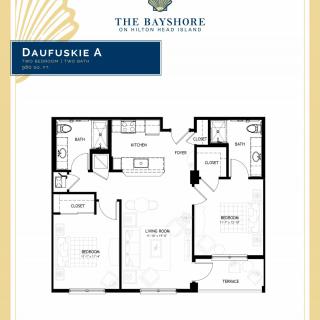 Floor plan of The Bayshore's Daufuskie A apartment layout.