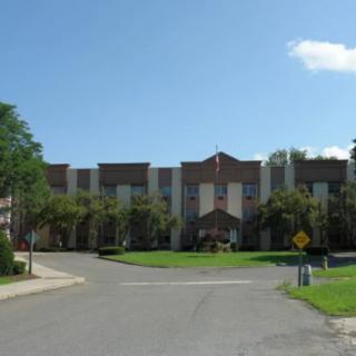 A building with an entrance surrounded by trees and a road on a sunny day.