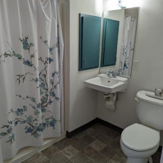 A clean and simple bathroom with a shower, sink, and toilet.