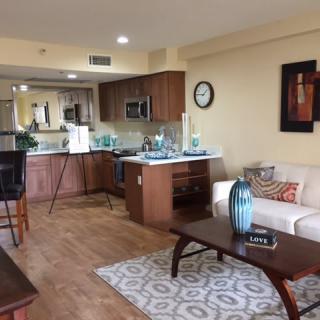 A modern open-plan living room and kitchen with stylish decor and furnishings.