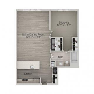A floor plan of a one-bedroom apartment featuring a living area, kitchen, and bathroom.