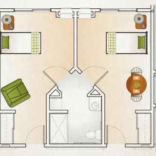 A floor plan featuring two bedrooms with mirrored layouts, including beds, desks, and a shared bathroom.