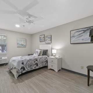 A modern bedroom with a single bed, nightstand, and stylish decor.