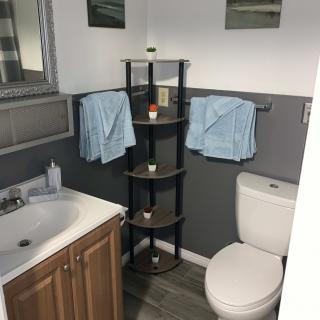 A neatly organized bathroom with a vanity, toilet, and corner shelf.