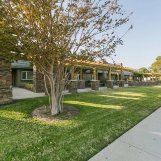 A pathway lined with trees and grass in front of a row of buildings.