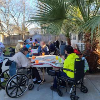 A community gathering with people of different ages enjoying an outdoor social event under a palm tree.