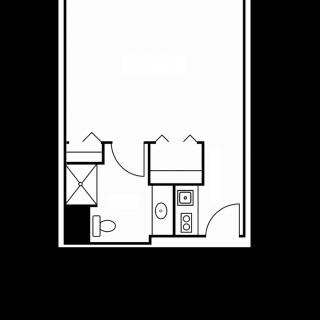 Simple floor plan of an apartment featuring a bathroom and kitchen area.