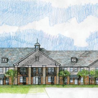 An architectural illustration of a large building with a grand entrance and symmetrical design.