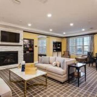 A cozy and well-decorated living room with a modern style featuring sofas, a coffee table, and a fireplace.