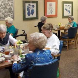 A group of seniors enjoying a meal together in a dining area.