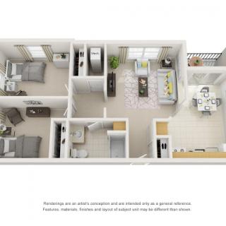 A detailed floor plan showcasing the layout of a modern apartment with two bedrooms, a living area, and a kitchen.