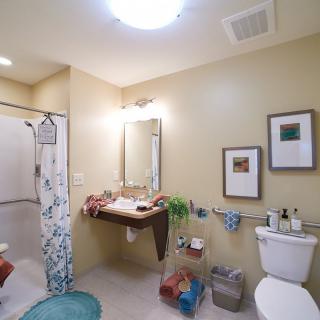 A modern bathroom with a sink, toilet, and shower area featuring a decorative curtain.