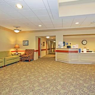A bright and welcoming reception area with a sofa, armchair, and a front desk.