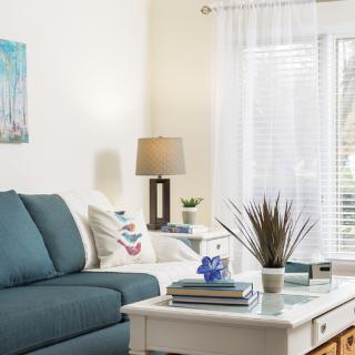 A cozy living room with a blue sofa and a coffee table, illuminated by natural light from the window.