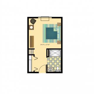 A floor plan of a small studio apartment featuring a bed, bathroom, and entry area.