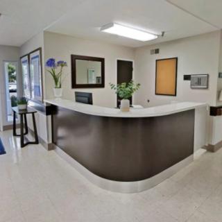 A modern reception desk in an office lobby with seating and decorative plants.