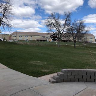 A serene park with lush green grass and a cloudy sky, featuring buildings in the background.