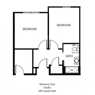 A floor plan of a studio with two bedrooms and a bathroom, totaling 608 square feet.