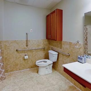 An accessible bathroom featuring a toilet, sink, and safety grab bars.