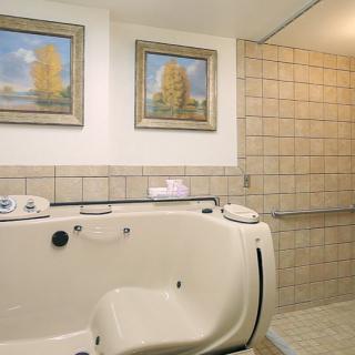 A bathroom featuring a walk-in bathtub with tiled walls and two landscape paintings.