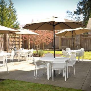 A serene outdoor seating area with white tables and umbrellas, surrounded by greenery.